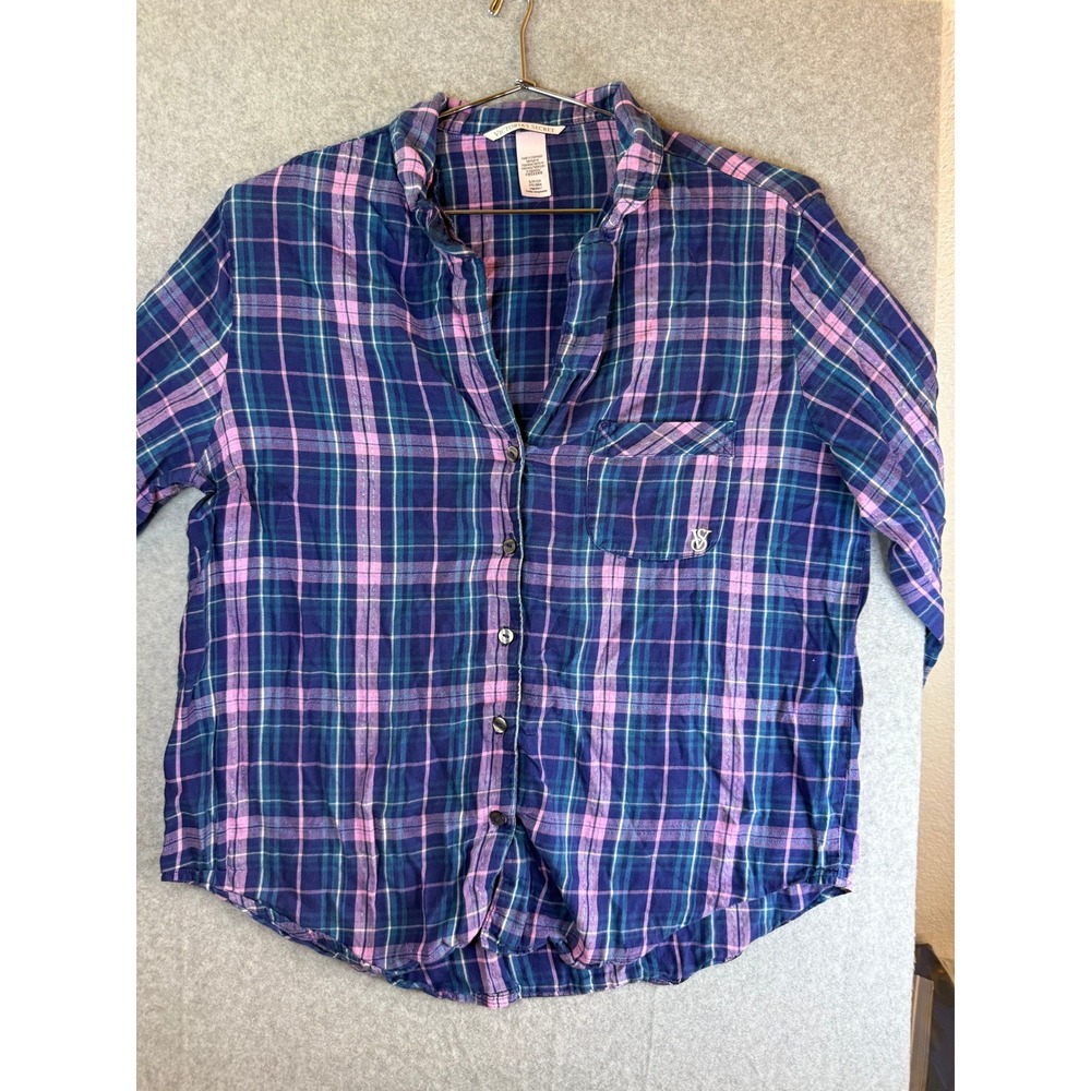 Victorias Secret Plaid Pajama Top Blue Pink Silver Lurex Sleep Shirt Small